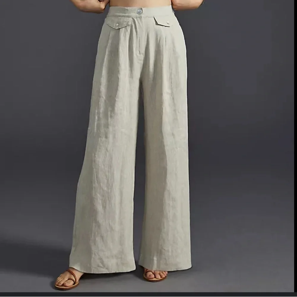 Sovere Anthropologie Instance Tan Linen Wide Leg Crop Pants 8